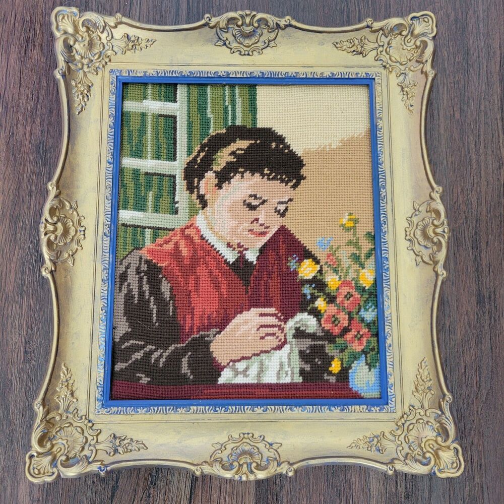Vtg Framed Needlepoint Old Fashion Girl Embroidering Wall Decor Art Romantic